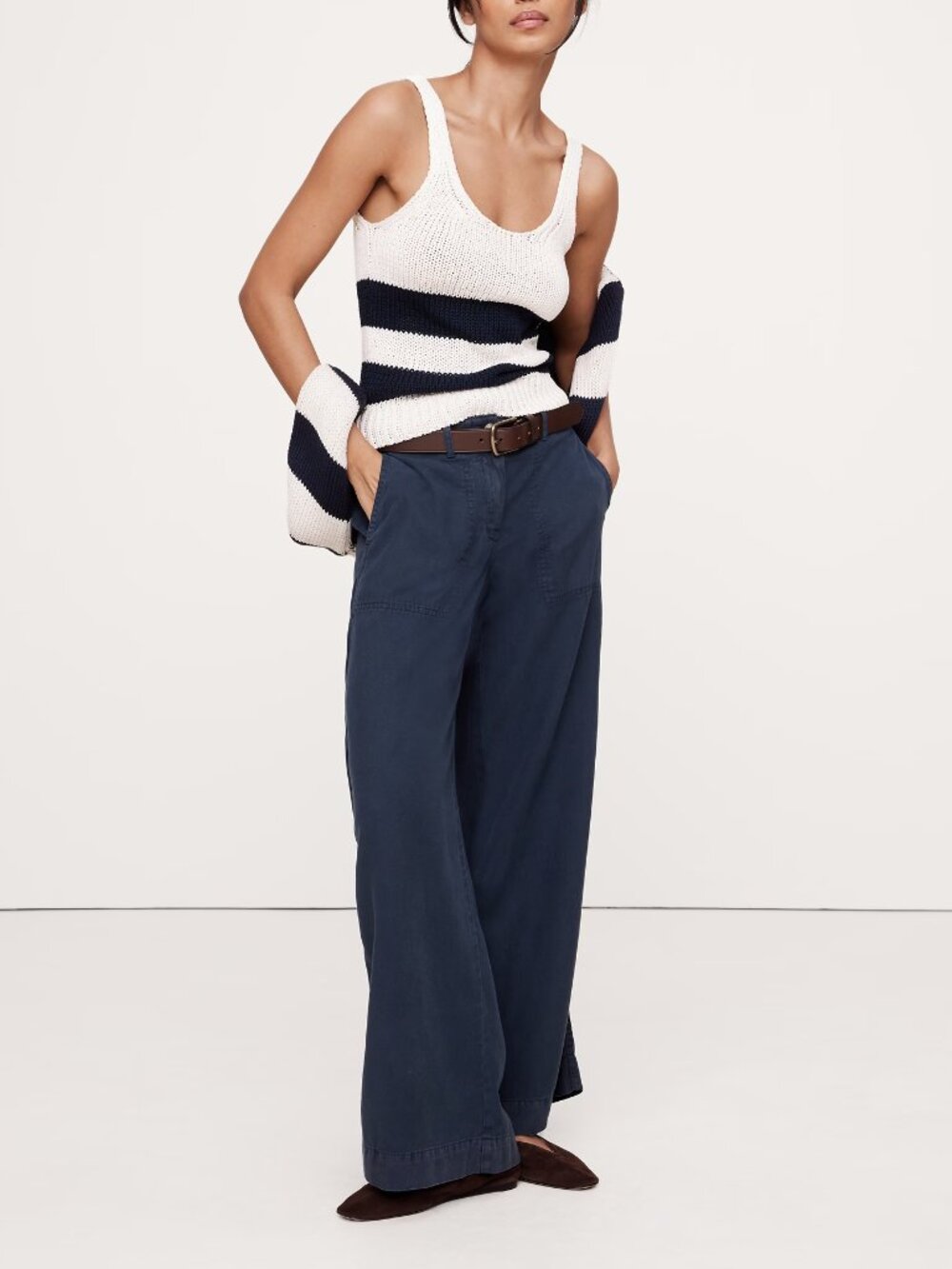 NWT Banana Republic Navy Blue Supersoft Soma Tencel-Cotton Wide-Leg Pants L